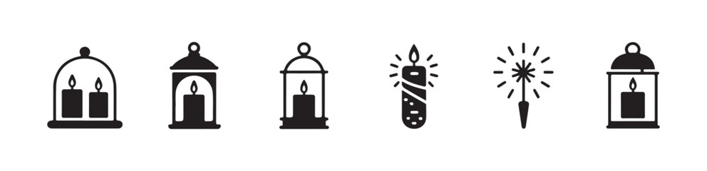 Set of black silhouettes of traditional lanterns containing lit candles and sparkler firework © MdJahid
