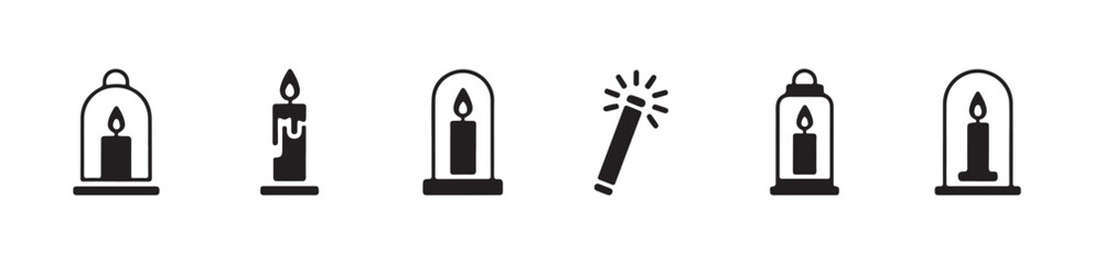 Collection of various candle under cloche, lanterns, and a magic wand in black vector icons © MdJahid