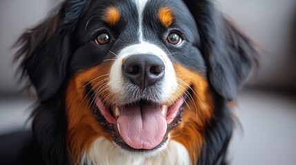 A close-up portrait of a Bernese Mountain Dog, displaying happy, friendly, and alert expression