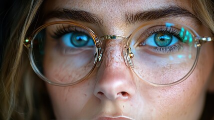 Up-close portrait showcases a person's captivating blue-green eyes behind stylish spectacles