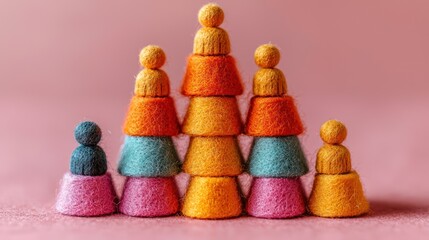 Colorful felt cone figures stacked in towers against a soft pink background