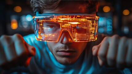 A person intensely views a futuristic world through high-tech glasses, hands in fists, bathed in neon light