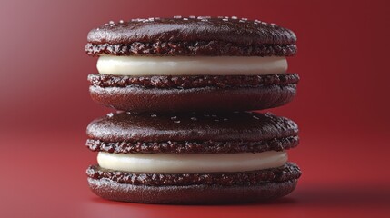 Two stacked chocolate macaroons with creamy filling on a vibrant, solid red background