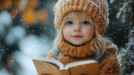 Young child in warm winter wear gazes at viewer while holding open book outdoors in snowy scene