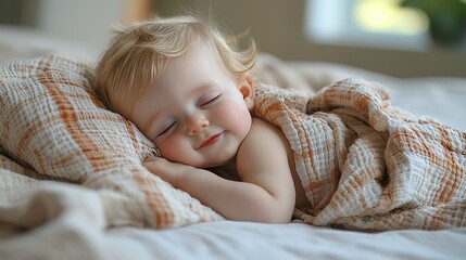 A serene close-up of a fair-haired infant peacefully napping on a bed, wrapped in a blanket