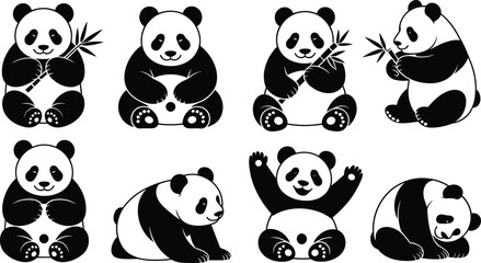 Cute panda cartoon illustration set, multiple panda poses eating bamboo, playful wildlife animal characters, black and white vector collection isolated on white background © LITON WORLD