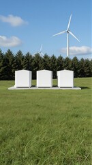 Modern industrial battery storage units and wind turbines generating and storing renewable power for carbon-neutral infrastructure and sustainability.