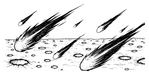 Meteors and asteroids crashing onto a cratered planet surface in manga sketch style © Anna