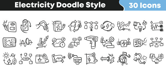 Collection of thirty hand drawn electricity and energy related icons in a sketchy doodle style perfect for technical presentations © Vectoravec