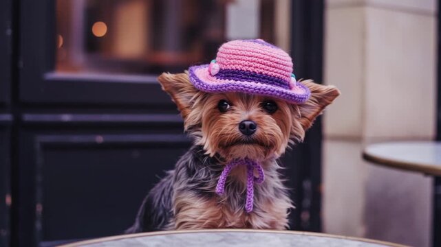 Cute Yorkie Dog Wearing Knitted Hat Sitting at Table