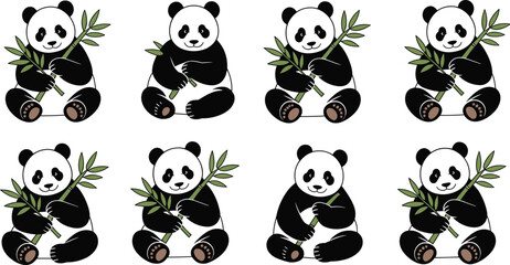 Cute panda illustration set holding bamboo, cartoon panda characters collection, seamless pattern style, wildlife animal vector design isolated on white background © LITON WORLD