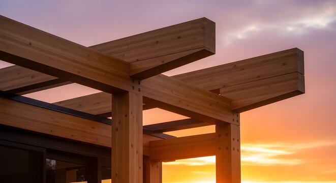 Modern Timber Structure Silhouetted Against a Vibrant Sunset Sky