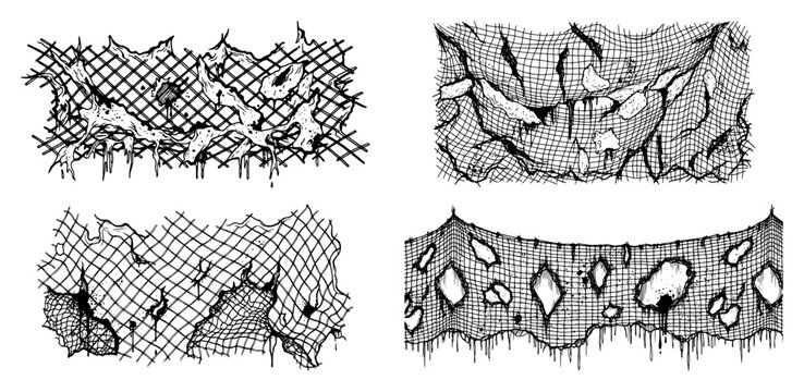 Torn and distressed fishnet fabric textures with large holes