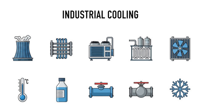 Collection of ten icons related to industrial cooling systems and temperature measurement