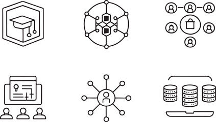 E Learning and Digital Network Line Icons Set , Online Education, Community and Data Outline Vectors