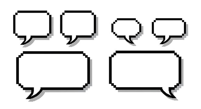Set of pixelated, blank speech bubbles in various sizes and shapes, with shadows