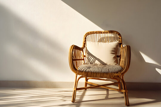 Single rattan chair on shaded veranda with right copy space neutral luxury outdoor seating