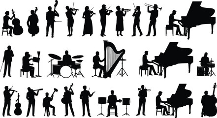 Classical orchestra musician silhouettes set with violin, trumpet, cello, piano, harp and drum players performing live concert isolated on white background © Shirina