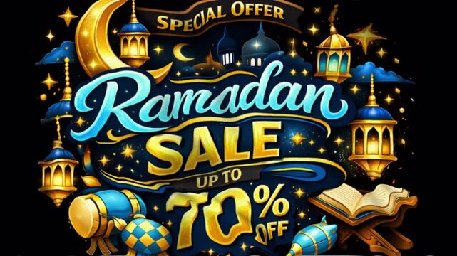 Animated video with a Ramadan Sale theme. Green, yellow, and gold, with a wavy flag style, suitable for campaigns. Motion graphics, 4K footage.