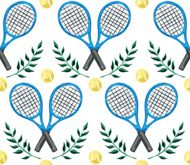 Obraz premium Blue tennis racket, ball, branch seamless pattern. Sport vector print.
