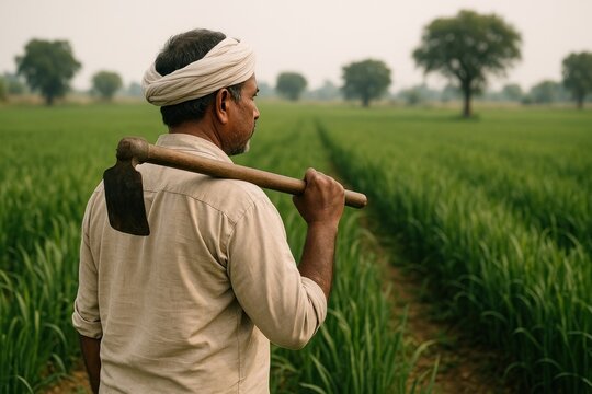 Rural farmer in green field.