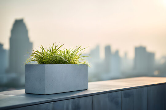 Rooftop terrace planter accent on ledge with left copy space skyline bokeh soft dusk photo