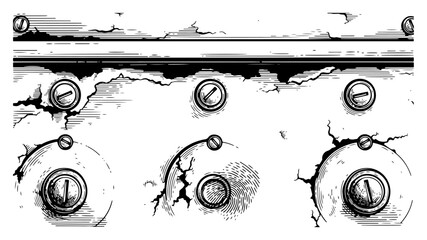 Detailed artistic sketch of industrial machine panel with circular dials and cracked textures © Anna