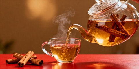 Pouring cinnamon stick herbal tea into a glass teacup