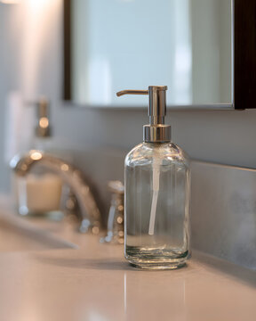Unlabeled soap dispenser on modern bathroom vanity with right copy space clean studio ligh