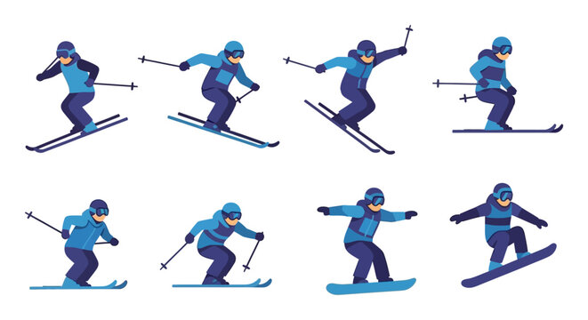 dynamic cartoon skiers and snowboarders performing various winter sports actions depicting leisure and recreational alpine activities.