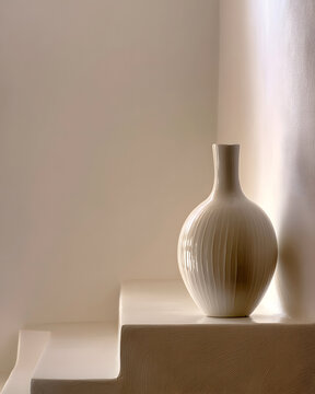 Single ceramic vase on stair landing ledge with left copy space soft side light premium in