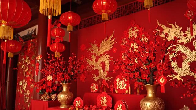 Traditional Chinese New Year celebration decor featuring dragons and lanterns in a festive red room with golden vases and decorations