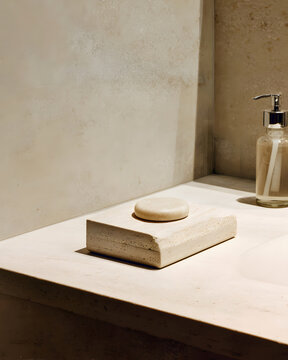 Travertine soap dish on modern vanity surface with right copy space soft studio lighting p