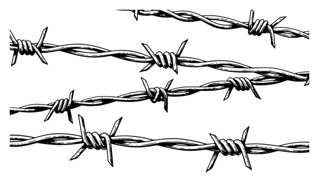 Seamless pattern of horizontal barbed wire lines with sharp spikes on white background
