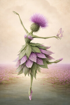 Dancing Thistle Flower Ballerina in Dreamy Meadow Landscape, Botanical Fantasy Art