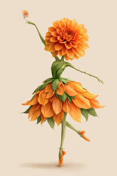 Dancing Dahlia Flower Ballerina Isolated on Neutral Background, Botanical Fantasy Illustration
