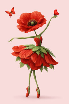 Dancing Red Poppy Ballerina Isolated on Neutral Background, Botanical Fantasy Illustration