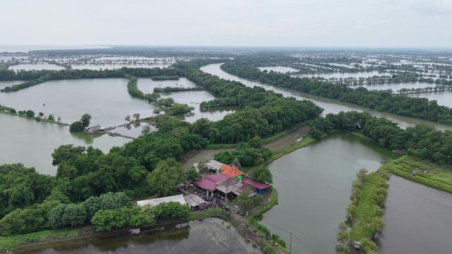 aerial view of a residential village between a river and fish ponds in a tropical region