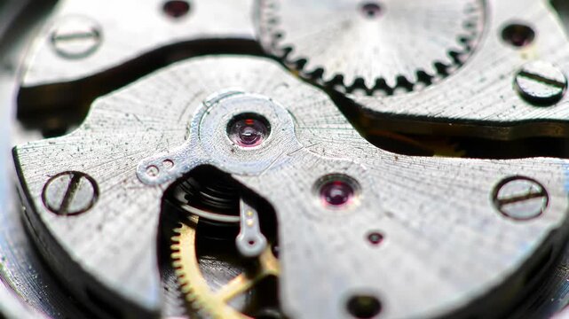 Extreme  view of mechanical watch movement components