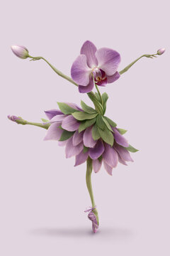Dancing Orchid Ballerina Isolated on Neutral Background, Botanical Fantasy Illustration