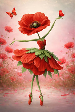 Dancing Red Poppy Ballerina in Dreamy Poppy Field, Botanical Fantasy Art
