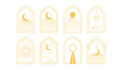 golden celestial line art icons in arabesque arches depicting sun moon stars and sacred geometry perfect for spiritual design.