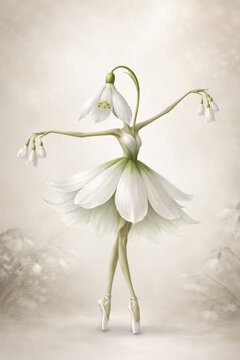 Dancing Snowdrop Flower Ballerina with Soft Dreamy Ivory Background, Botanical Fantasy Art