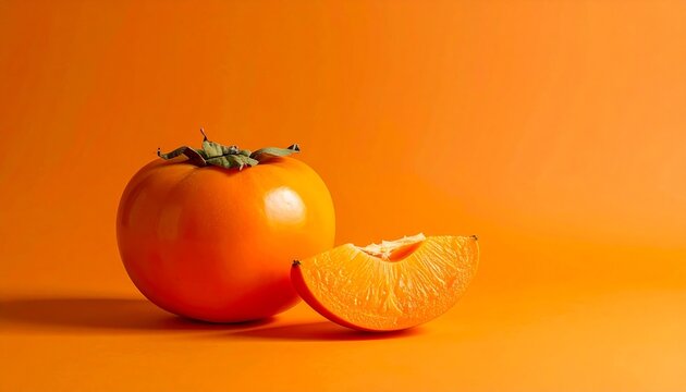 Saturated orange persimmon with a fresh slice on a deep orange gradient, symbolizing autumn warmth and the sweetness of seasonal harvest
