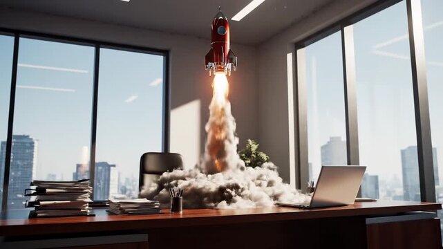 Red Rocket Launching From Office Desk With Smoke and Flames View Cityscape Through Window