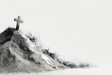 A stark image of a wooden cross on a mound of ash, symbolizing themes of mortality, faith, and the cycle of life and death.