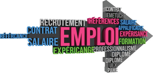 Employment and recruitment concept illustration, job search keywords in French with contract salary experience training references, colorful typography arrow graphic isolated on white background © LITON WORLD