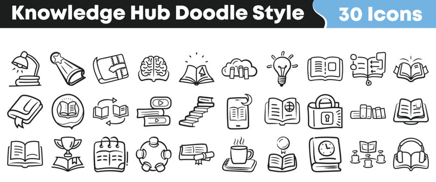A collection of thirty hand drawn doodle style icons representing knowledge hub concepts like learning studying and reading material