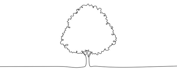 Tree with a thick crown in one line art style. Drawing of a deciduous tree symbolizing nature, ecology, and life, made with a continuous black stroke on a white background. Vector illustration.