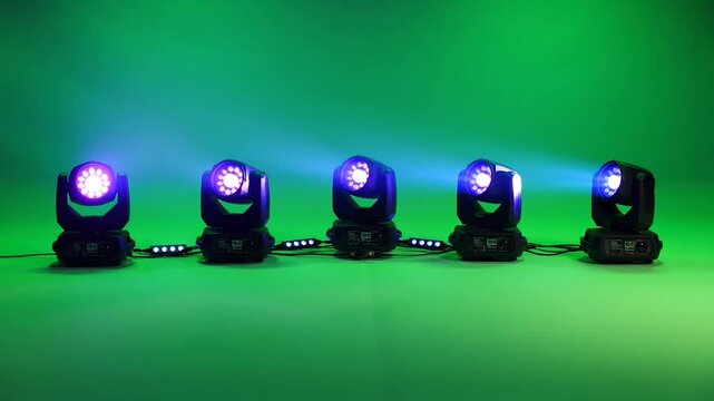 Immersive dj concert stage lighting beams with vibrant purple and blue led spotlights showcasing energy and atmosphere on green screen background